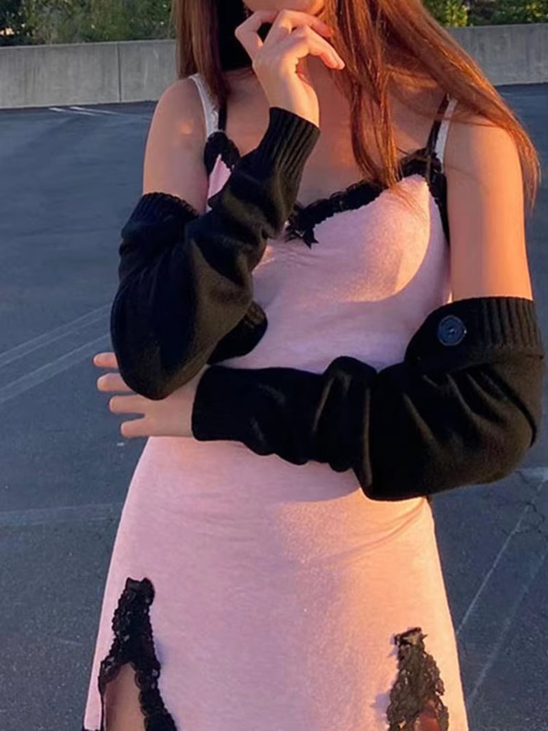 Fairycore Y2K Pink Dress Women Sexy E-Girl Lace Patchwork Strapless Dress Streetwear Harajuku Emo Alternative Clothes