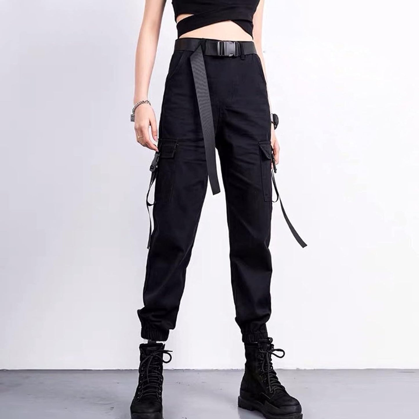 High Waisted Cargo Pants for Women Casual Loose Harem Cargo Pants Streetwear Trousers Jogger Pant with Belt (Black, XXL)