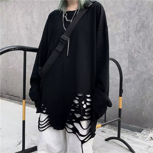 Harajuku Women Alt Emo Tshirts Oversized Long Sleeve E Girl Pullovers Hip Hop Punk Streetwear Tees Black Loose T-Shirt Clothes