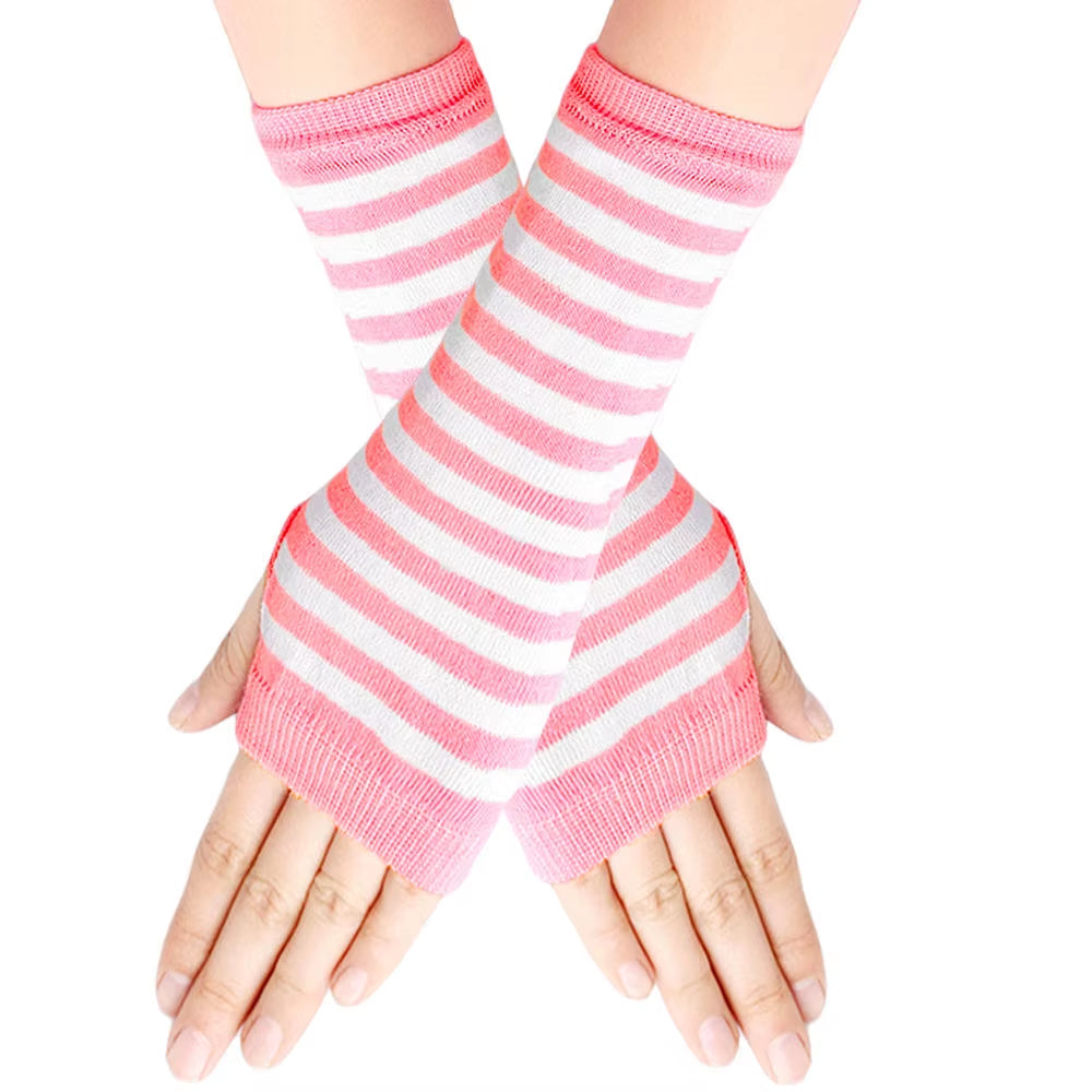 Autumn Women Fingerless Gloves Emo Gloves Lady Striped Long Gloves Warmer Knitted Elbow Mittens Anime Accessories Gloves New