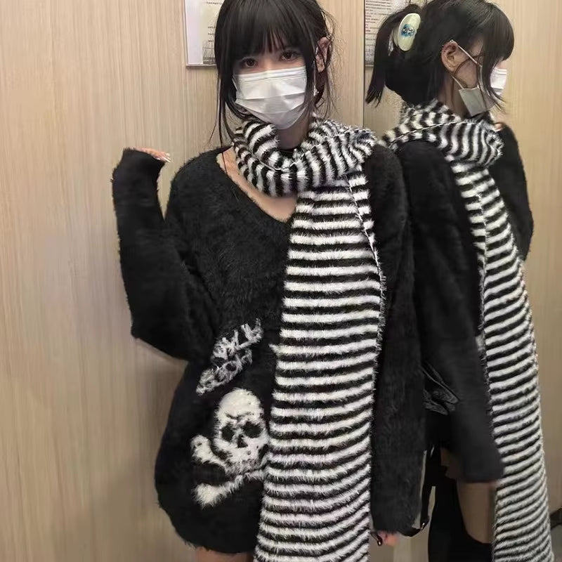 Gothic Skulls Sweater Grunge Dark Aesthetics Knitted Jumper V-Neck Harajuku Loose Mohair Pullover Emo Alt Knitwear Y2K