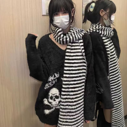 Gothic Skulls Sweater Grunge Dark Aesthetics Knitted Jumper V-Neck Harajuku Loose Mohair Pullover Emo Alt Knitwear Y2K