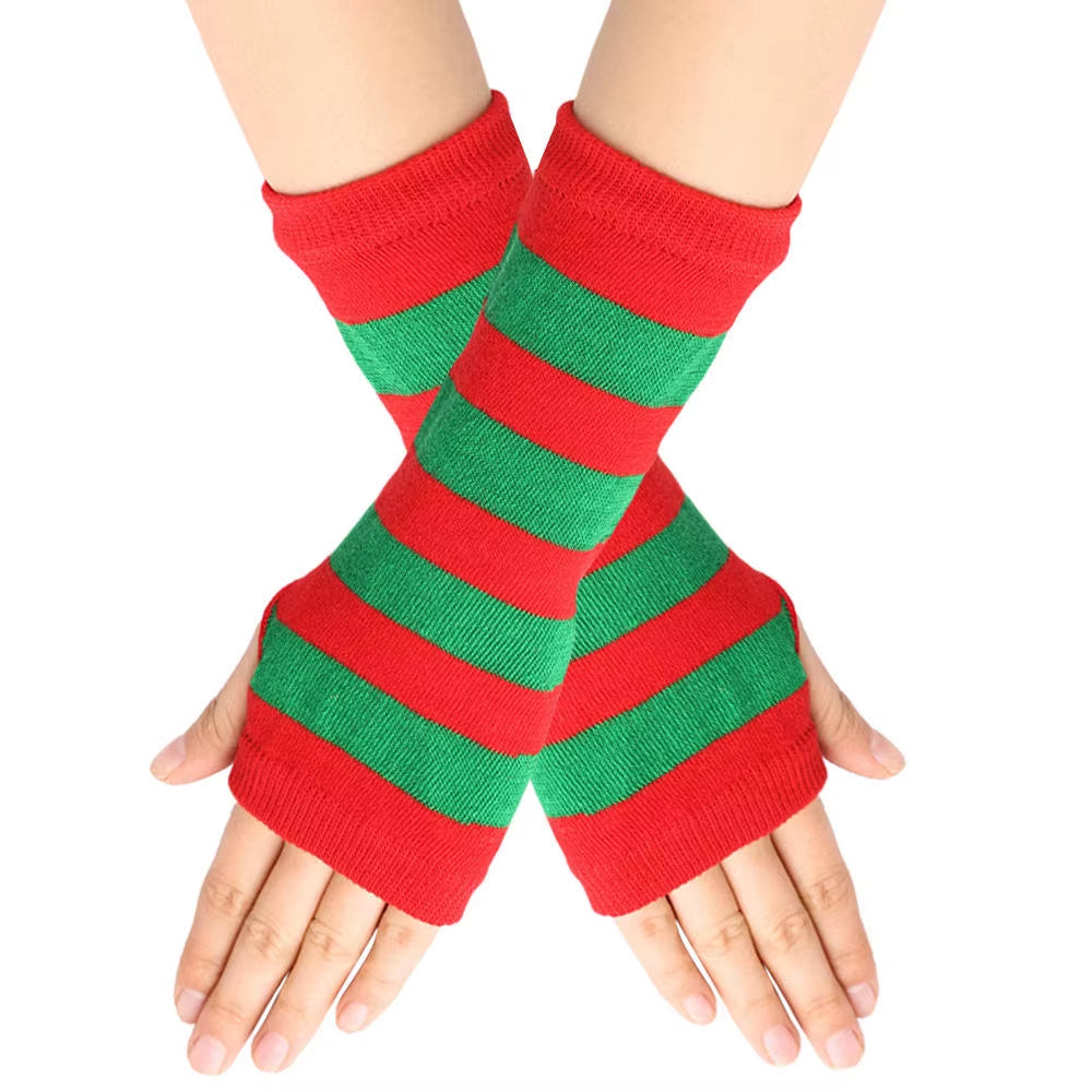 Autumn Women Fingerless Gloves Emo Gloves Lady Striped Long Gloves Warmer Knitted Elbow Mittens Anime Accessories Gloves New