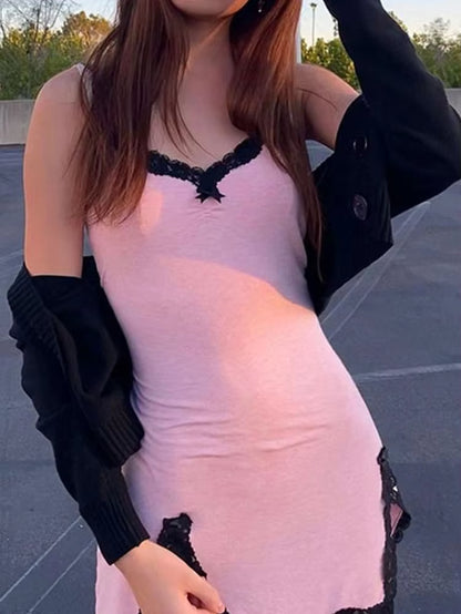 Fairycore Y2K Pink Dress Women Sexy E-Girl Lace Patchwork Strapless Dress Streetwear Harajuku Emo Alternative Clothes