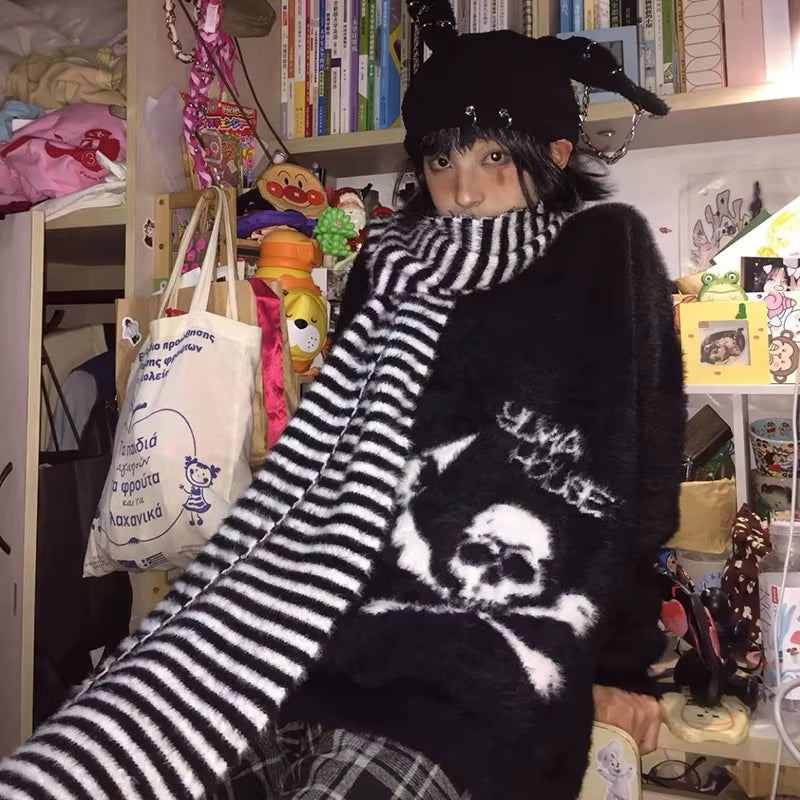 Gothic Skulls Sweater Grunge Dark Aesthetics Knitted Jumper V-Neck Harajuku Loose Mohair Pullover Emo Alt Knitwear Y2K