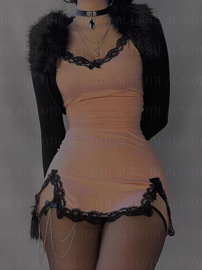 Fairycore Y2K Pink Dress Women Sexy E-Girl Lace Patchwork Strapless Dress Streetwear Harajuku Emo Alternative Clothes