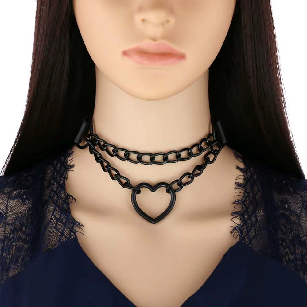 Gothic Harajaku Black Heart Chain Leather Choker Collar Punk Necklaces for Women Girls Buckle Chocker Emo Witch Jewelry