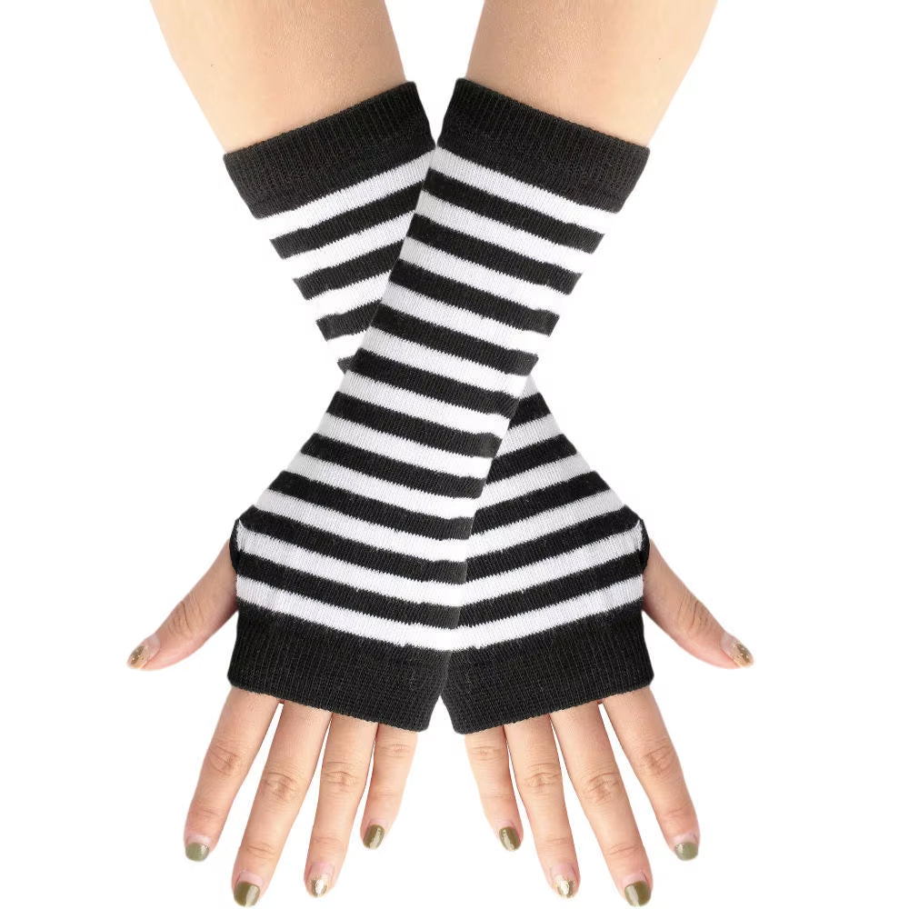 Autumn Women Fingerless Gloves Emo Gloves Lady Striped Long Gloves Warmer Knitted Elbow Mittens Anime Accessories Gloves New