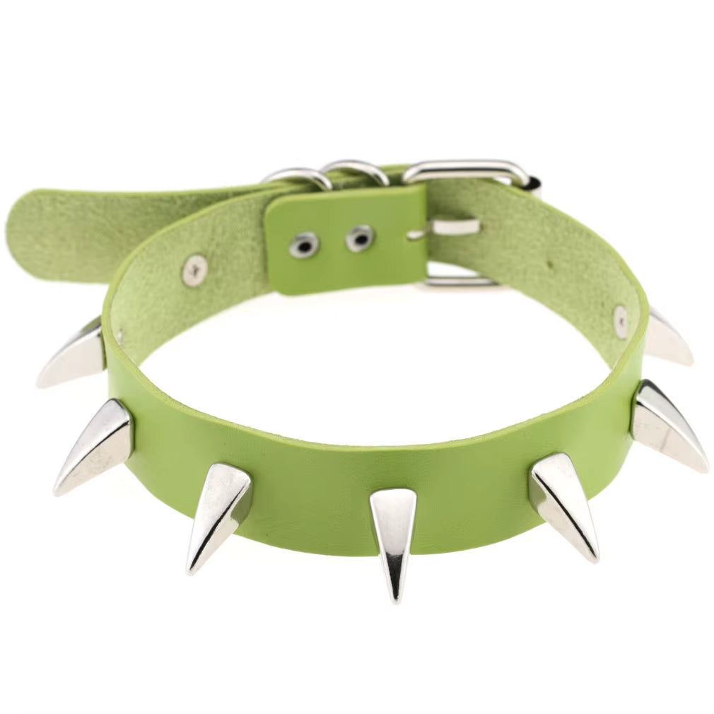 Emo Spike Choker Punk Collar Green Goth Necklace Trendy Vegan Leather Belt Chocker Accessories Harajuku Gothic Jewelry Halloween