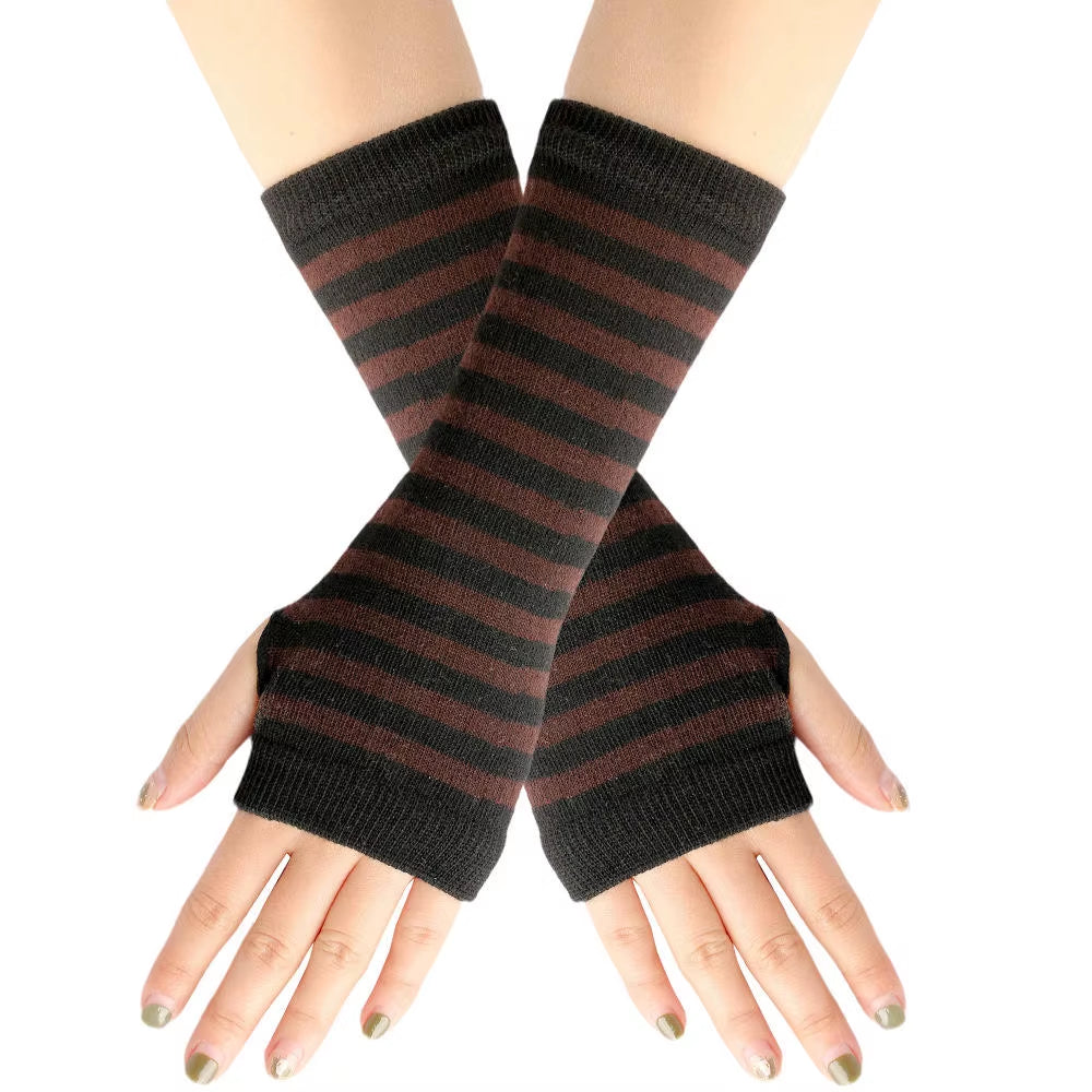 Autumn Women Fingerless Gloves Emo Gloves Lady Striped Long Gloves Warmer Knitted Elbow Mittens Anime Accessories Gloves New