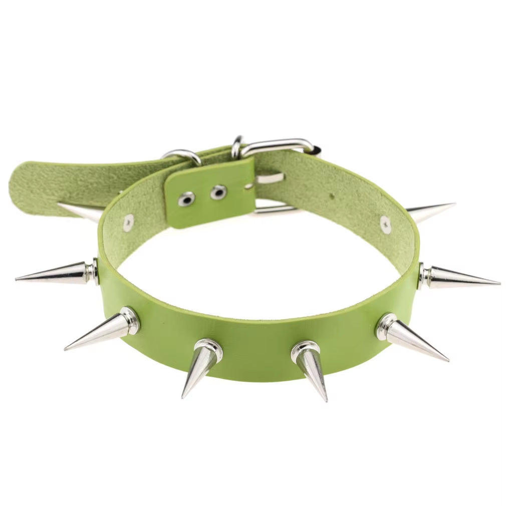 Emo Spike Choker Punk Collar Green Goth Necklace Trendy Vegan Leather Belt Chocker Accessories Harajuku Gothic Jewelry Halloween