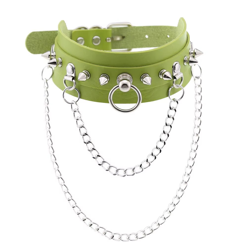 Emo Spike Choker Punk Collar Green Goth Necklace Trendy Vegan Leather Belt Chocker Accessories Harajuku Gothic Jewelry Halloween