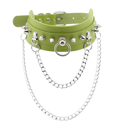 Emo Spike Choker Punk Collar Green Goth Necklace Trendy Vegan Leather Belt Chocker Accessories Harajuku Gothic Jewelry Halloween