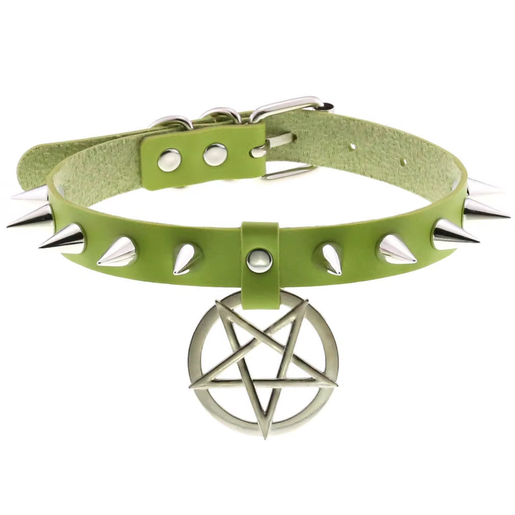 Emo Spike Choker Punk Collar Green Goth Necklace Trendy Vegan Leather Belt Chocker Accessories Harajuku Gothic Jewelry Halloween
