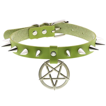 Emo Spike Choker Punk Collar Green Goth Necklace Trendy Vegan Leather Belt Chocker Accessories Harajuku Gothic Jewelry Halloween