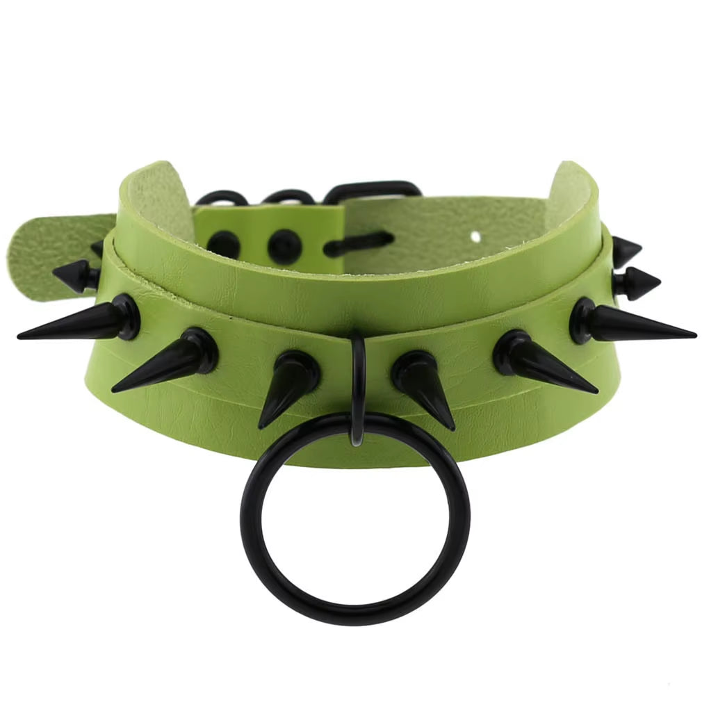 Emo Spike Choker Punk Collar Green Goth Necklace Trendy Vegan Leather Belt Chocker Accessories Harajuku Gothic Jewelry Halloween