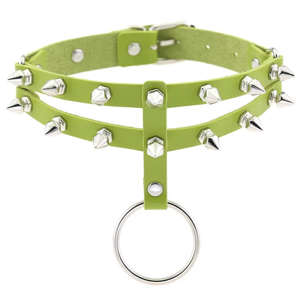 Emo Spike Choker Punk Collar Green Goth Necklace Trendy Vegan Leather Belt Chocker Accessories Harajuku Gothic Jewelry Halloween