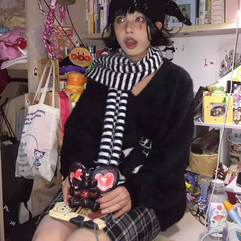 Gothic Skulls Sweater Grunge Dark Aesthetics Knitted Jumper V-Neck Harajuku Loose Mohair Pullover Emo Alt Knitwear Y2K