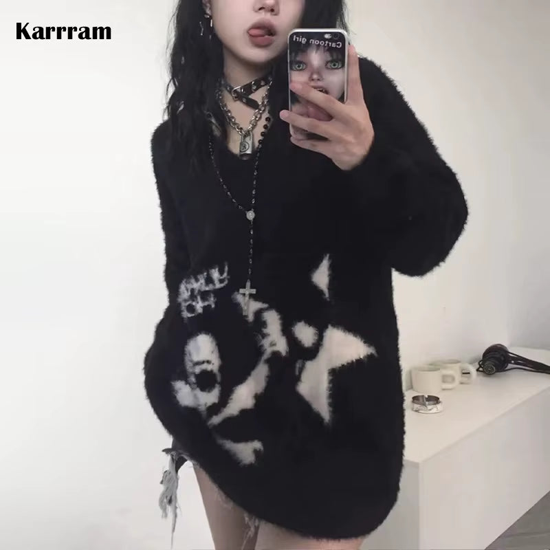 Gothic Skulls Sweater Grunge Dark Aesthetics Knitted Jumper V-Neck Harajuku Loose Mohair Pullover Emo Alt Knitwear Y2K