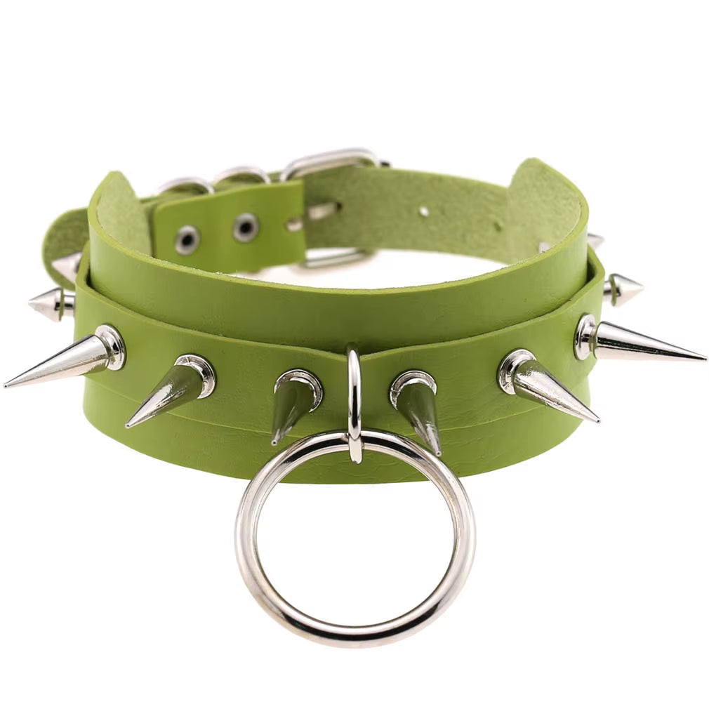 Emo Spike Choker Punk Collar Green Goth Necklace Trendy Vegan Leather Belt Chocker Accessories Harajuku Gothic Jewelry Halloween