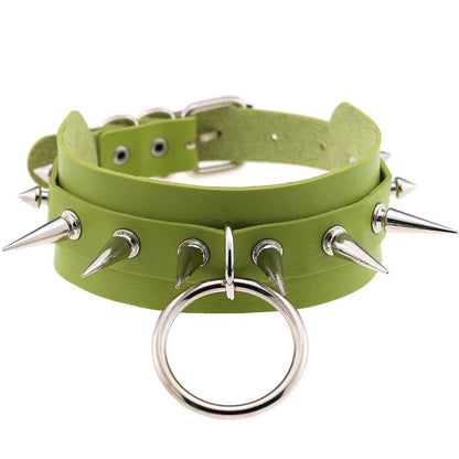 Emo Spike Choker Punk Collar Green Goth Necklace Trendy Vegan Leather Belt Chocker Accessories Harajuku Gothic Jewelry Halloween
