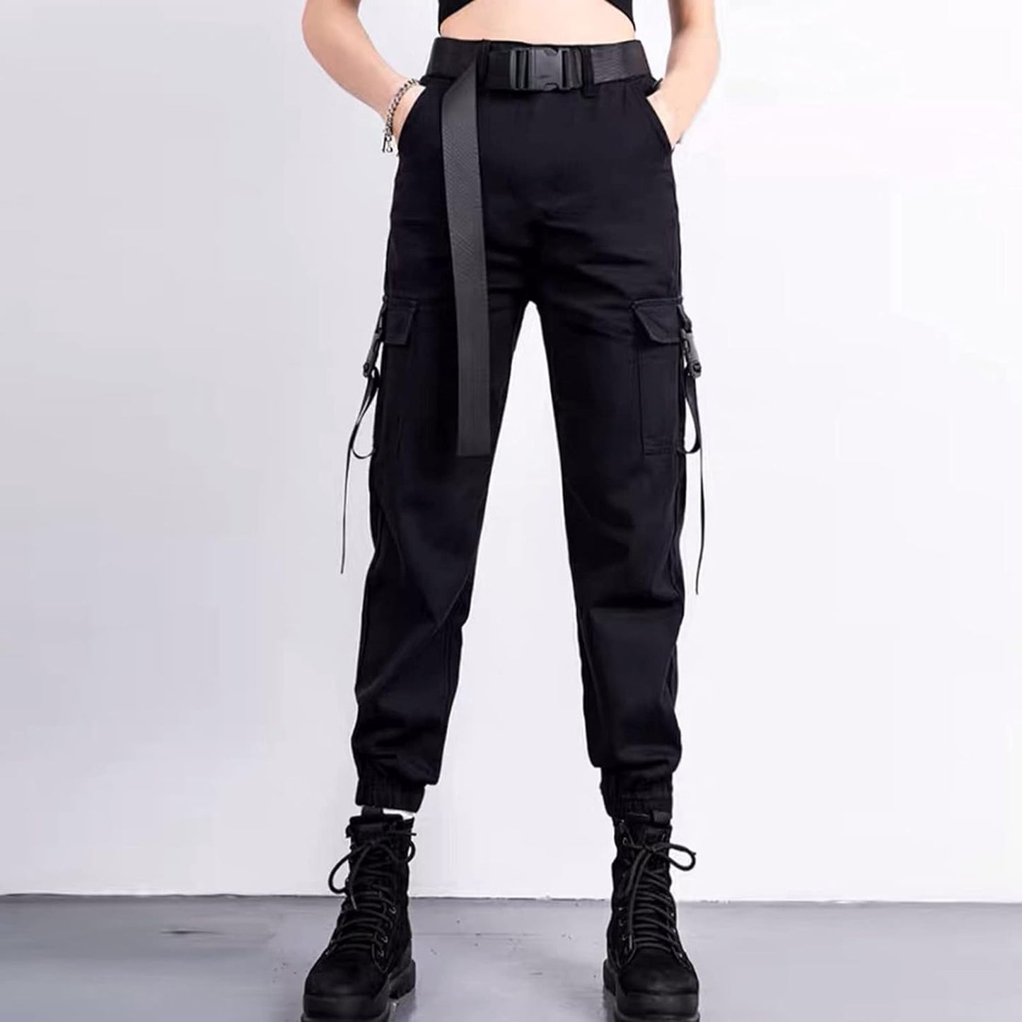 High Waisted Cargo Pants for Women Casual Loose Harem Cargo Pants Streetwear Trousers Jogger Pant with Belt (Black, XXL)