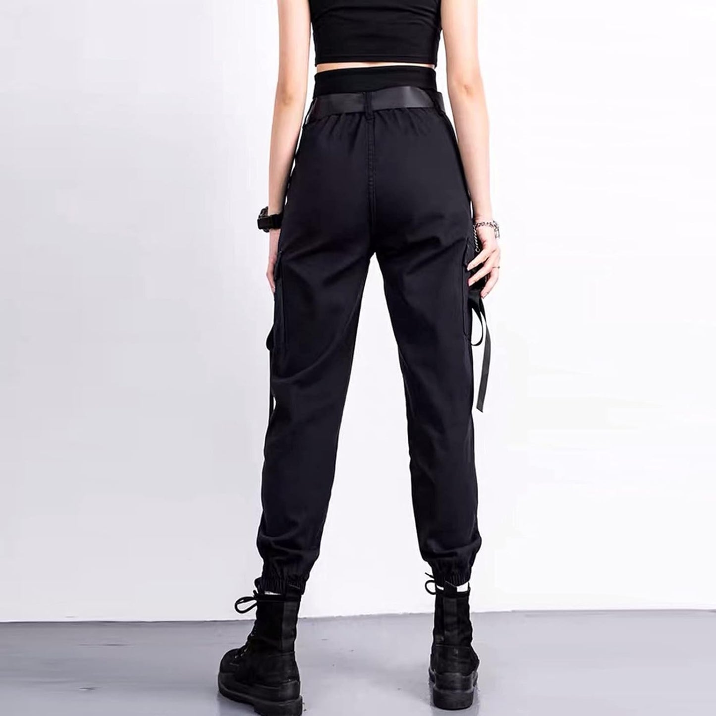 High Waisted Cargo Pants for Women Casual Loose Harem Cargo Pants Streetwear Trousers Jogger Pant with Belt (Black, XXL)