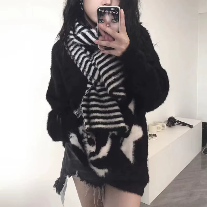 Gothic Skulls Sweater Grunge Dark Aesthetics Knitted Jumper V-Neck Harajuku Loose Mohair Pullover Emo Alt Knitwear Y2K