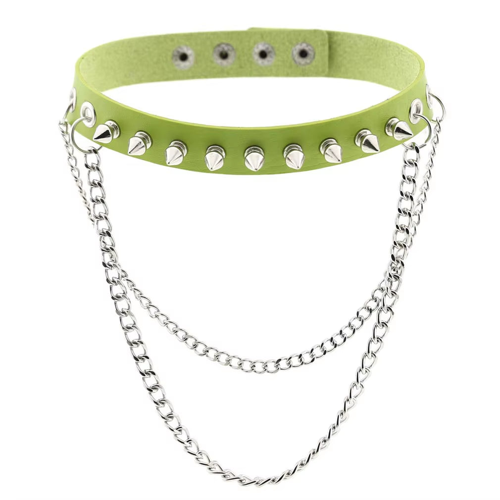 Emo Spike Choker Punk Collar Green Goth Necklace Trendy Vegan Leather Belt Chocker Accessories Harajuku Gothic Jewelry Halloween