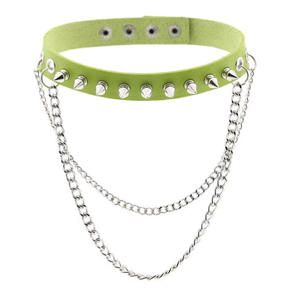Emo Spike Choker Punk Collar Green Goth Necklace Trendy Vegan Leather Belt Chocker Accessories Harajuku Gothic Jewelry Halloween