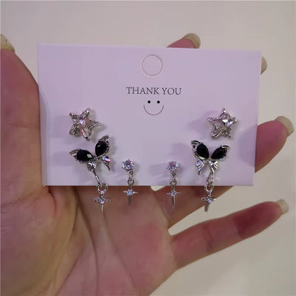 6PCS Goth Harajuku Vintage Aesthetic Black Butterfly Crystal Star Earrings Set for Women Party Y2K 90S EMO Jewelry Accessories