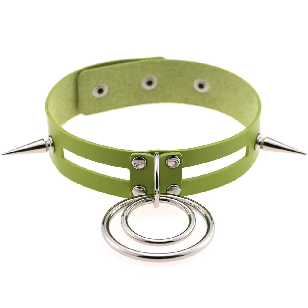 Emo Spike Choker Punk Collar Green Goth Necklace Trendy Vegan Leather Belt Chocker Accessories Harajuku Gothic Jewelry Halloween