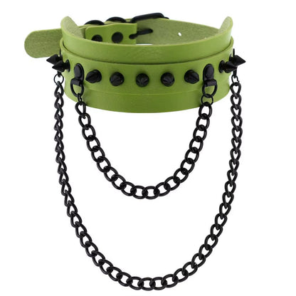 Emo Spike Choker Punk Collar Green Goth Necklace Trendy Vegan Leather Belt Chocker Accessories Harajuku Gothic Jewelry Halloween