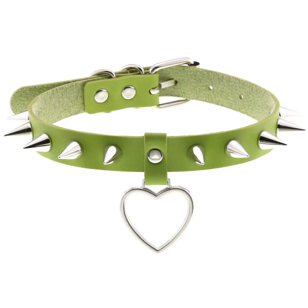 Emo Spike Choker Punk Collar Green Goth Necklace Trendy Vegan Leather Belt Chocker Accessories Harajuku Gothic Jewelry Halloween