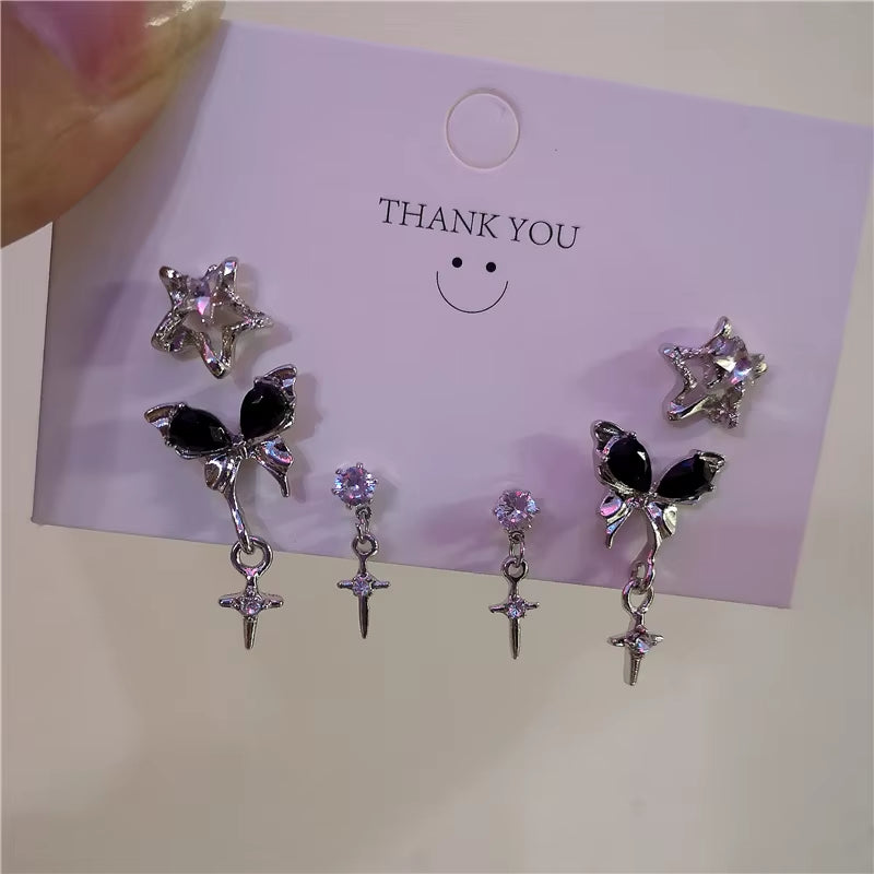 6PCS Goth Harajuku Vintage Aesthetic Black Butterfly Crystal Star Earrings Set for Women Party Y2K 90S EMO Jewelry Accessories