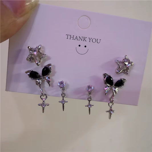 6PCS Goth Harajuku Vintage Aesthetic Black Butterfly Crystal Star Earrings Set for Women Party Y2K 90S EMO Jewelry Accessories